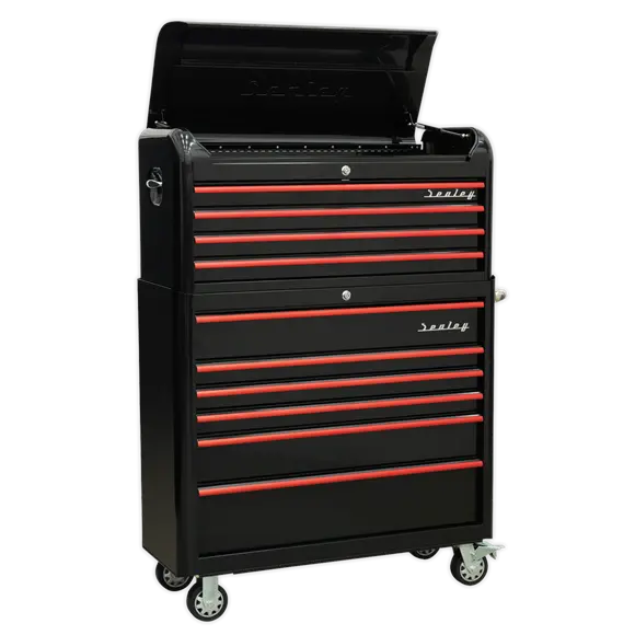 Sealey Ap41Combobr Retro-Style 10-Drawer Extra-Wide Tool Storage Combo – Black Cabinet With Red Anodised Pulls 1