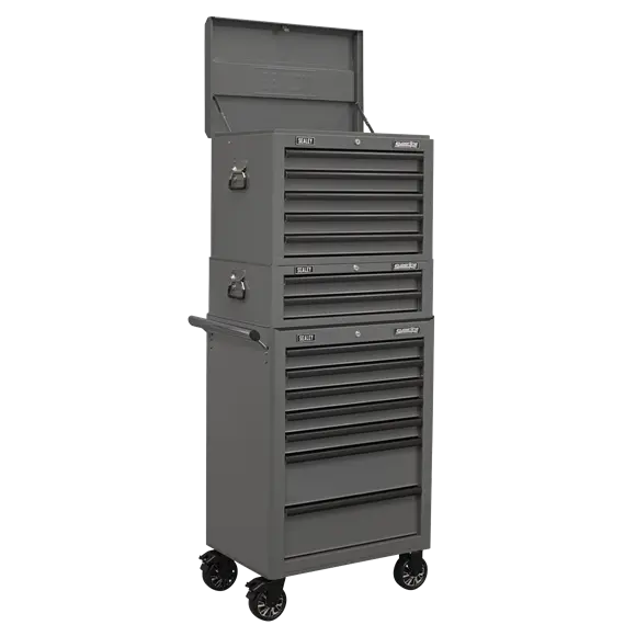 Sealey Apstacktgr 14-Drawer Workshop Storage System: Top Chest + Mid Box + Rollcab – Grey Finish 1