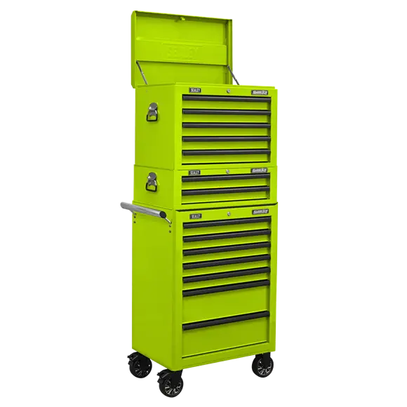 Sealey Apstackthv 14-Drawer Workshop Storage System: Top Chest + Mid Box + Rollcab – Green Finish 1