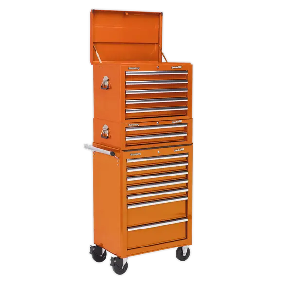 Sealey Apstackto 14-Drawer Top Chest, Mid Box & Rollcab Combo – Orange Finish 1