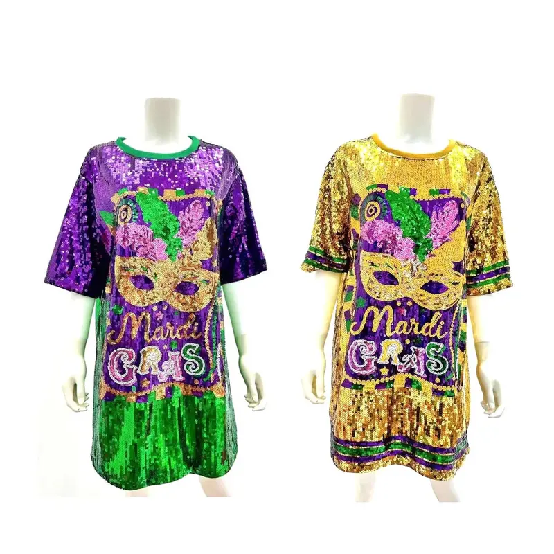 Sequin T-Shirt Dress With Mask & Queen Motif – Mardi Gras Themed Outfit 1