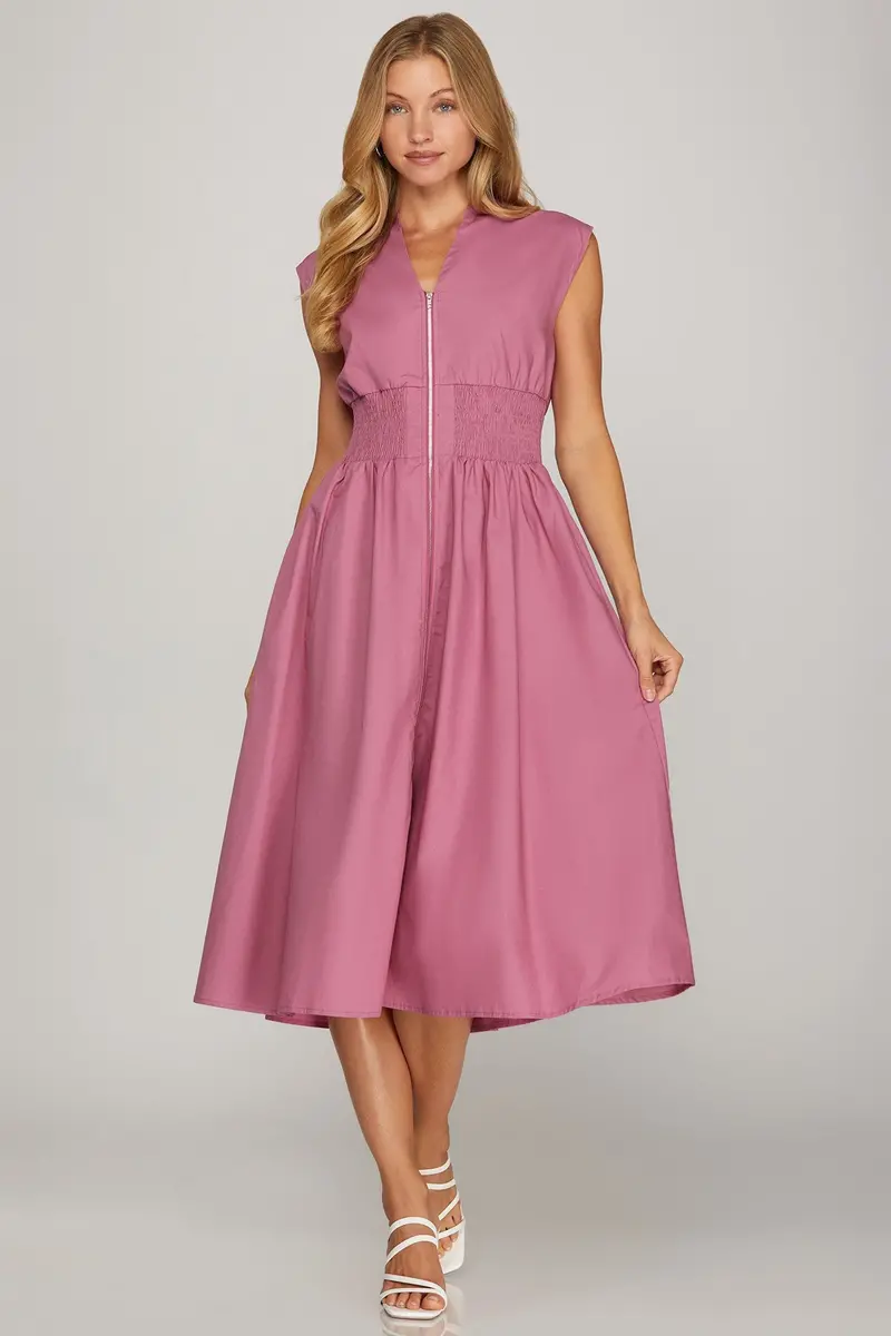 She & Sky Mauve Pink Drop-Shoulder Smocked Midi Dress 1