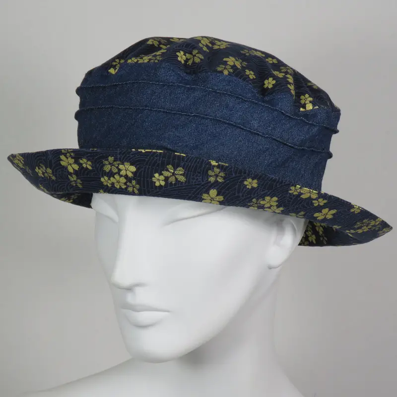 Soiree Hat With Gold Floral Motif On Denim-Blue Blend – Medium Size 1