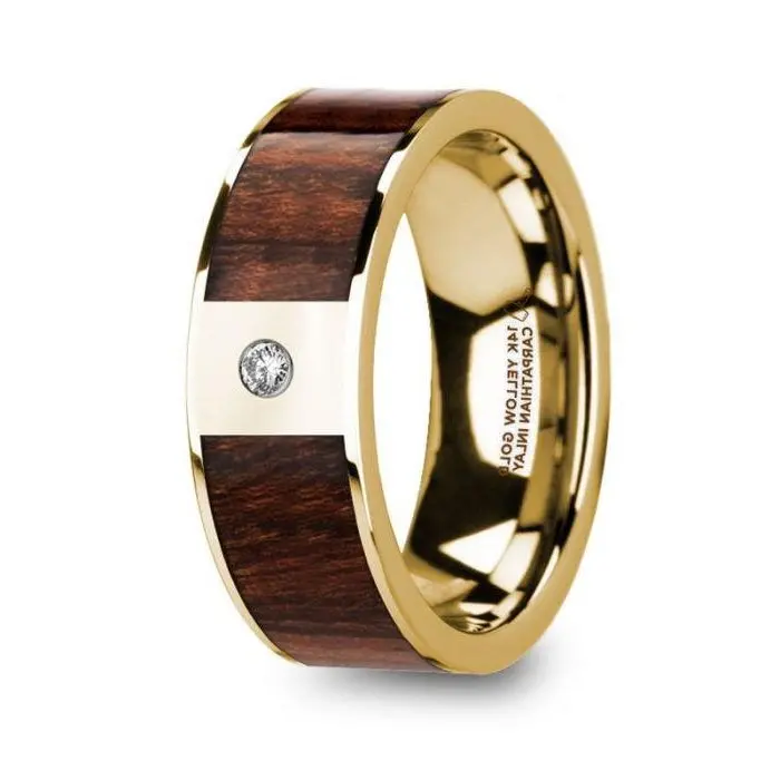 Sophos Gold Ring – Polished 14K Yellow Gold Band With Carpathian Elm Wood Inlay And Diamond Detailing, 8Mm 1