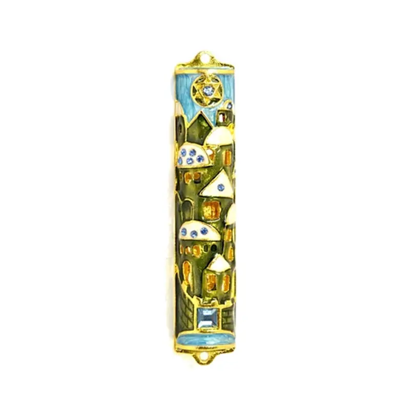Star Of David Mezuzah Case – Blue Jeweled Design With Full Back Panel 1