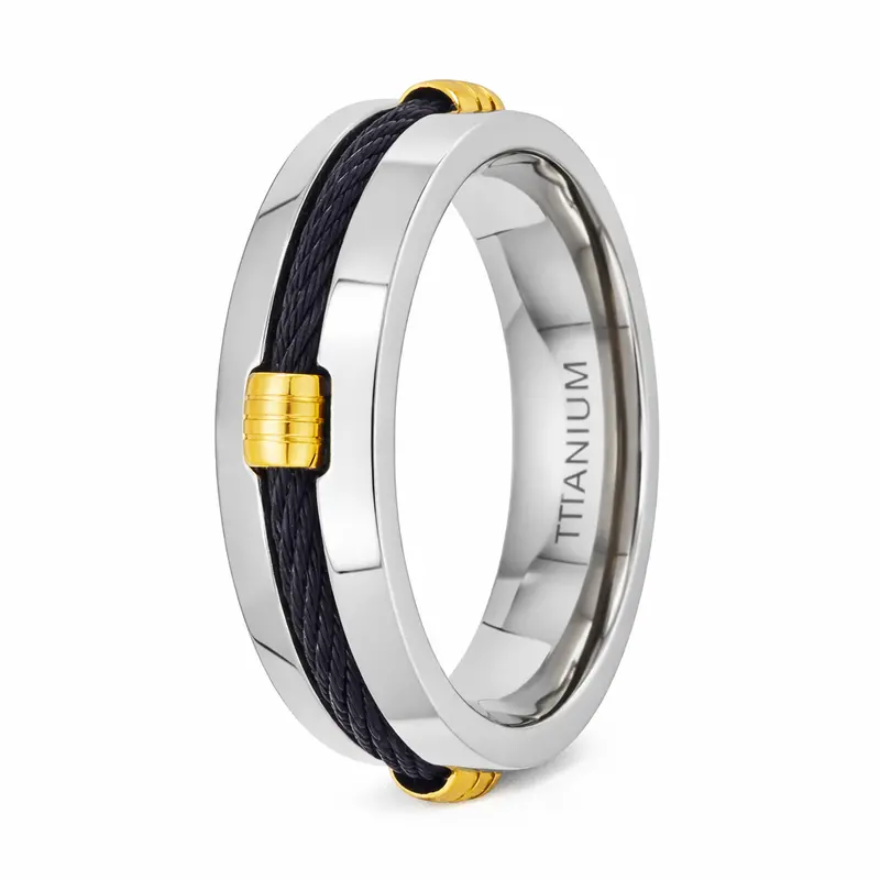 Steelcore Black Titanium Cable Ring With Polished Surface And Gold-Plated Accents – 8Mm 1