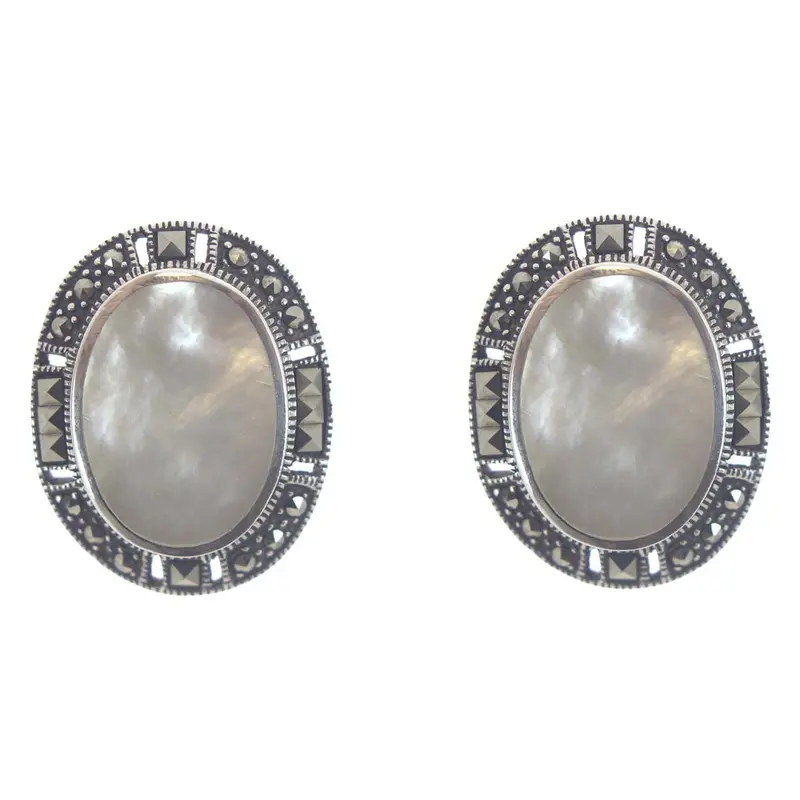 Sterling Silver Mother-Of-Pearl & Marcasite Stud Earrings 1