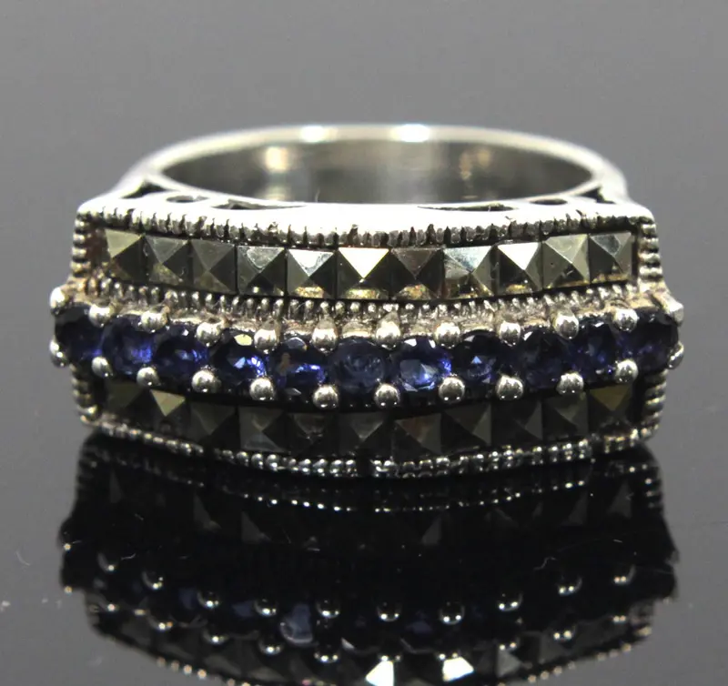 Sterling Silver Sapphire, Cubic Zirconia & Marcasite Ring – Size 8 1