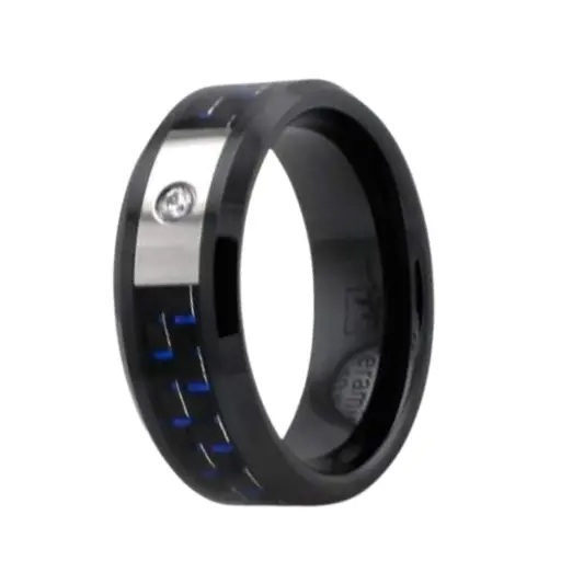 Stratos Black Ceramic Band – Blue Carbon Fiber Inlay + Single Cz – 8Mm 1