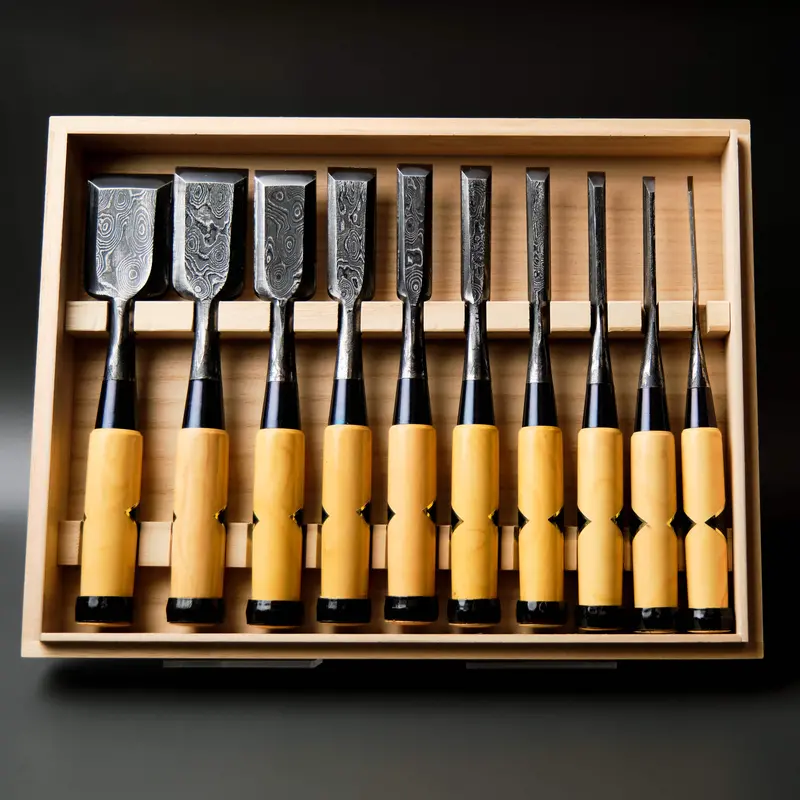 Suminagashi Damascus Bench Chisels – Boxwood Handles 1