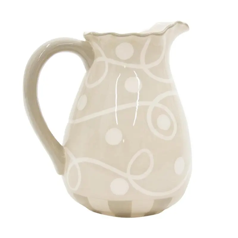 Taupe-And-White Ruffled Ceramic Pitcher – Handcrafted Tableware Accent 1
