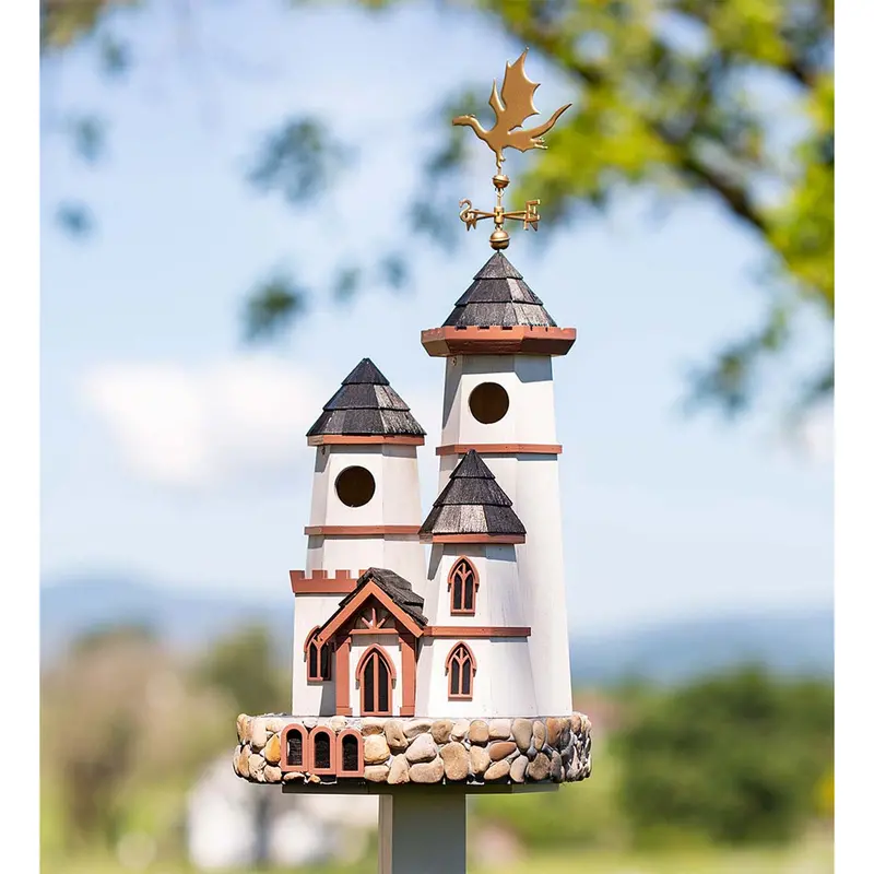 Three-Tower Castle Birdhouse With Dragon Weathervane – Ornamental Garden Feature 1