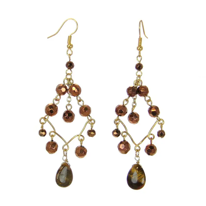 Tiger’S Eye And Beaded Chandelier Earrings 1