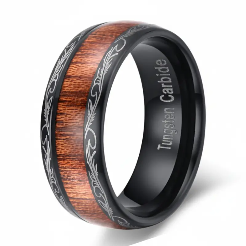Tribal Edge Tungsten Ring: Black Band With Koa Wood Inlay – 8Mm 1