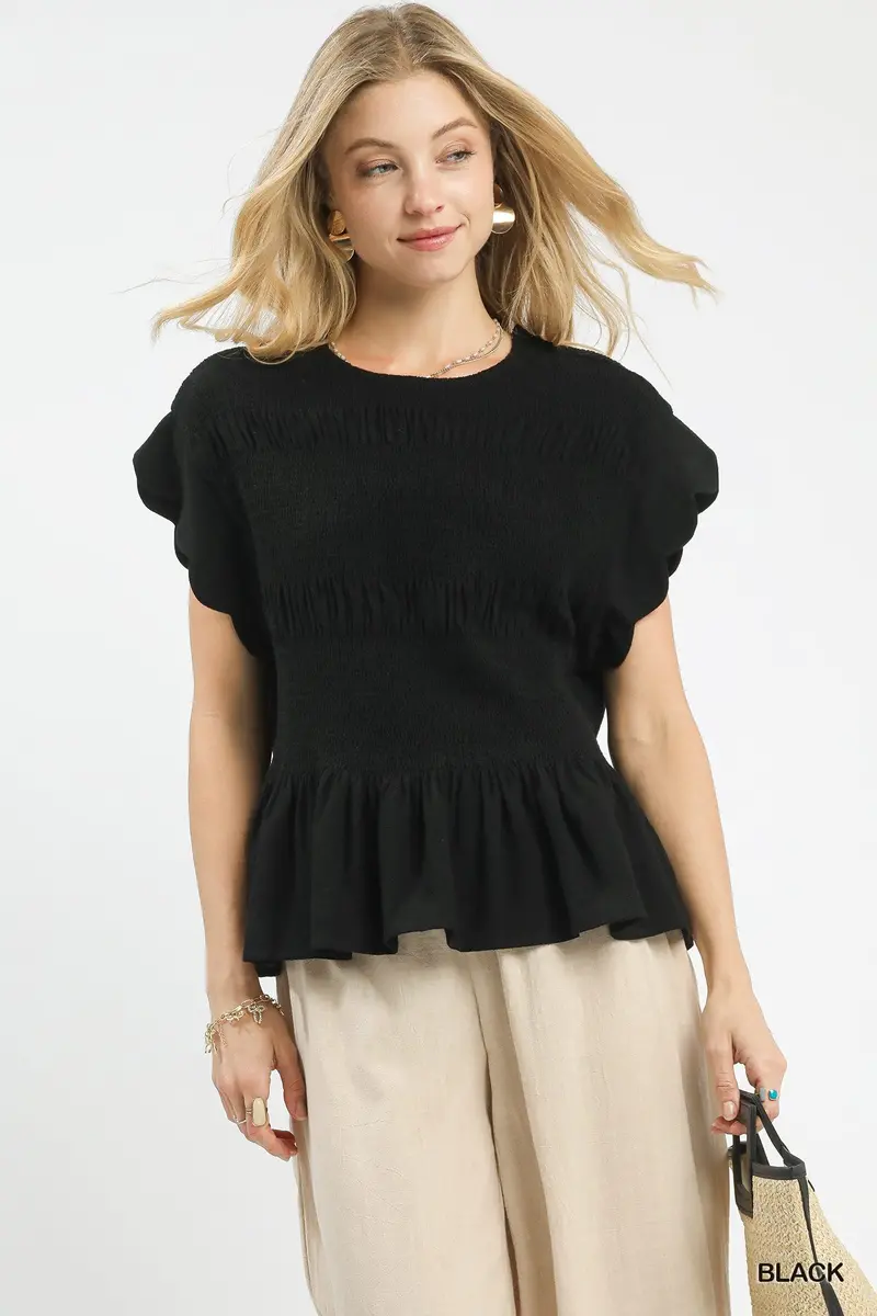 Umgee Black Linen-Blend Smocked Peplum Top 1