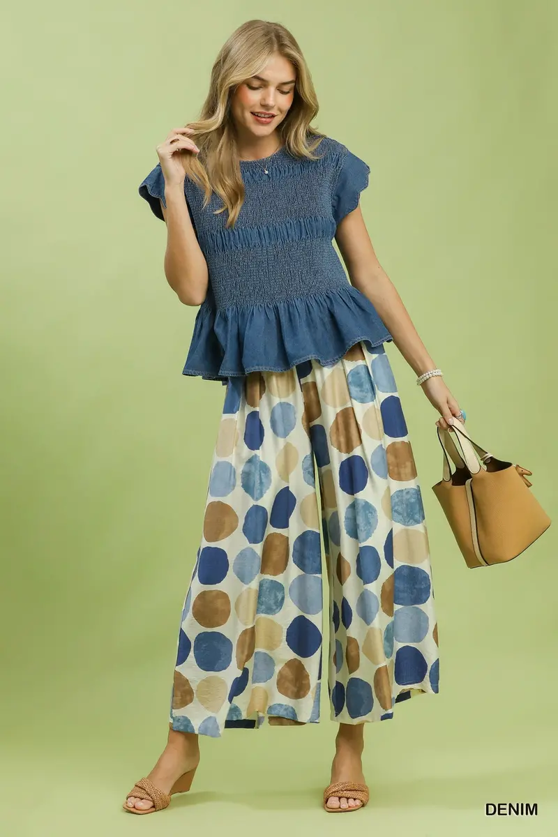 Umgee Chambray Smocked Peplum Blouse 1