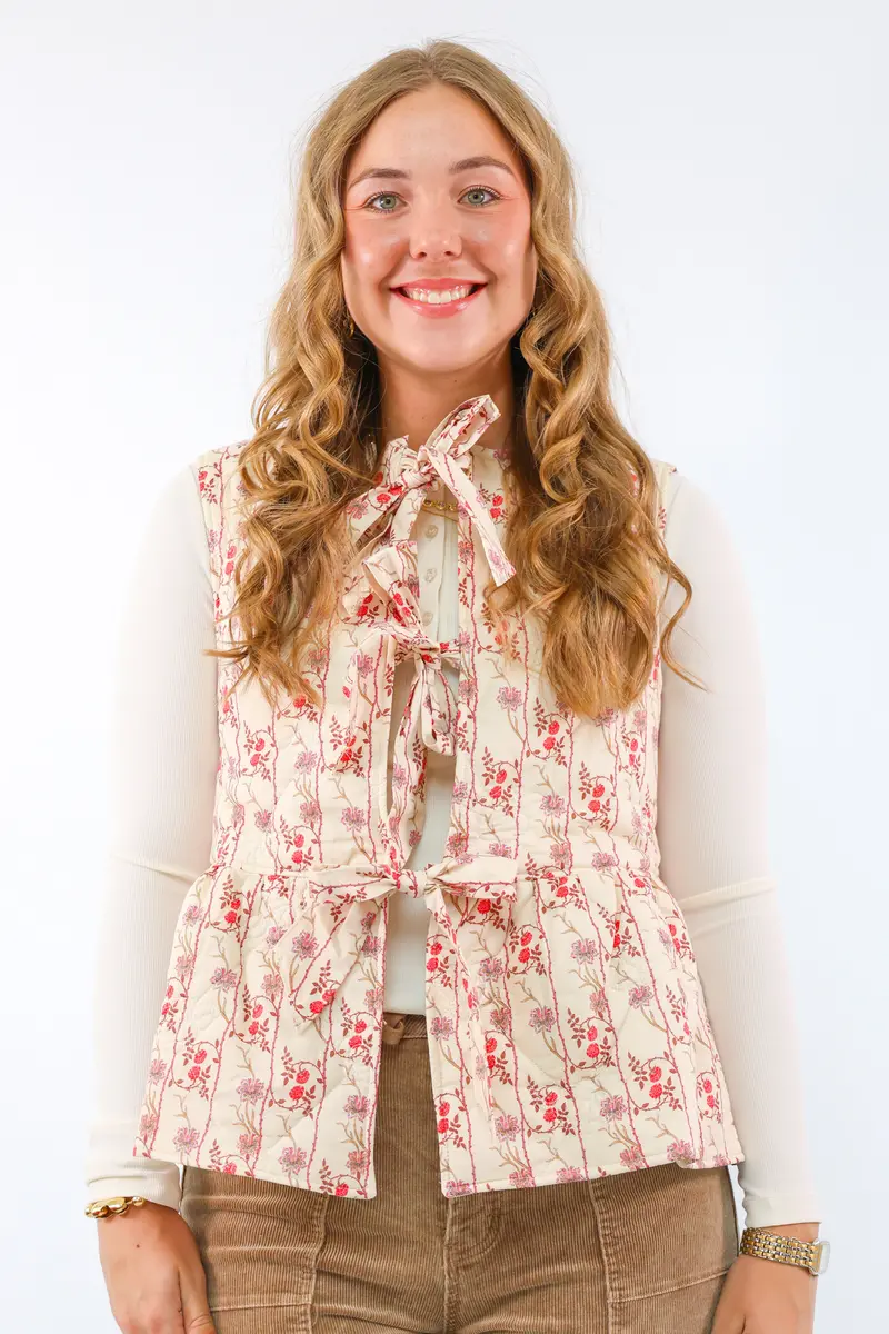 Umgee Floral Quilted Tie-Front Vest With Bows 1