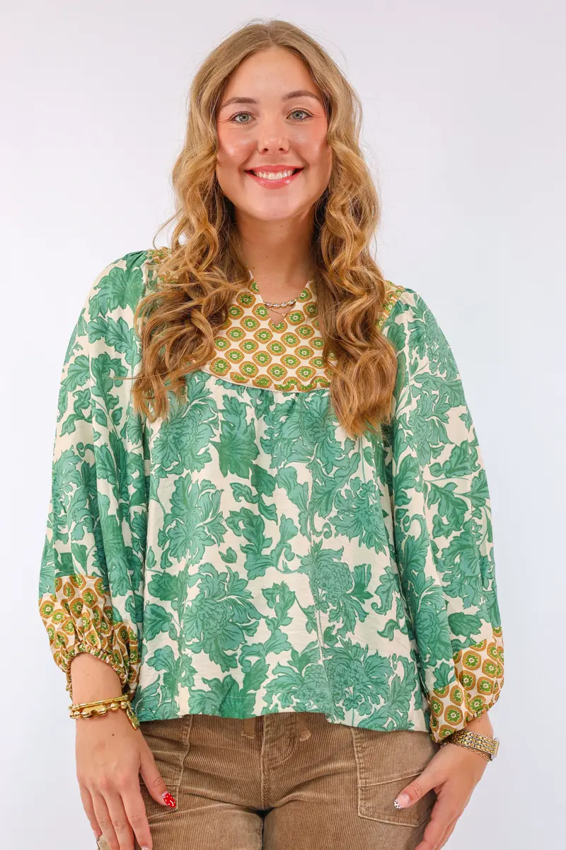 Umgee Green Abstract Print Long Sleeve Top With Rounded Yoke 1