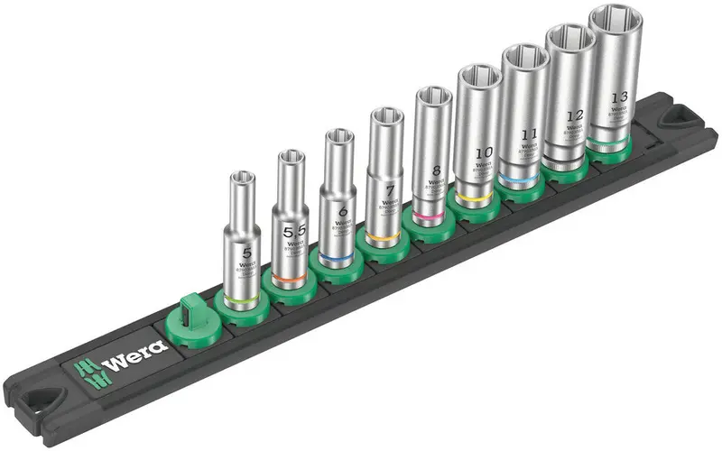 Wera Zyklop Magnetic Socket Rail A – 9-Piece, 1/4" Drive, Deep-Well Sockets 1