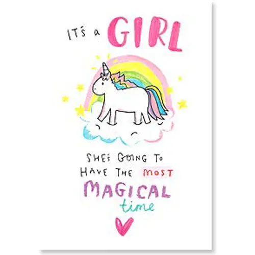 Whimsical 'It'S A Girl' Unicorn-Themed Birth Card 1