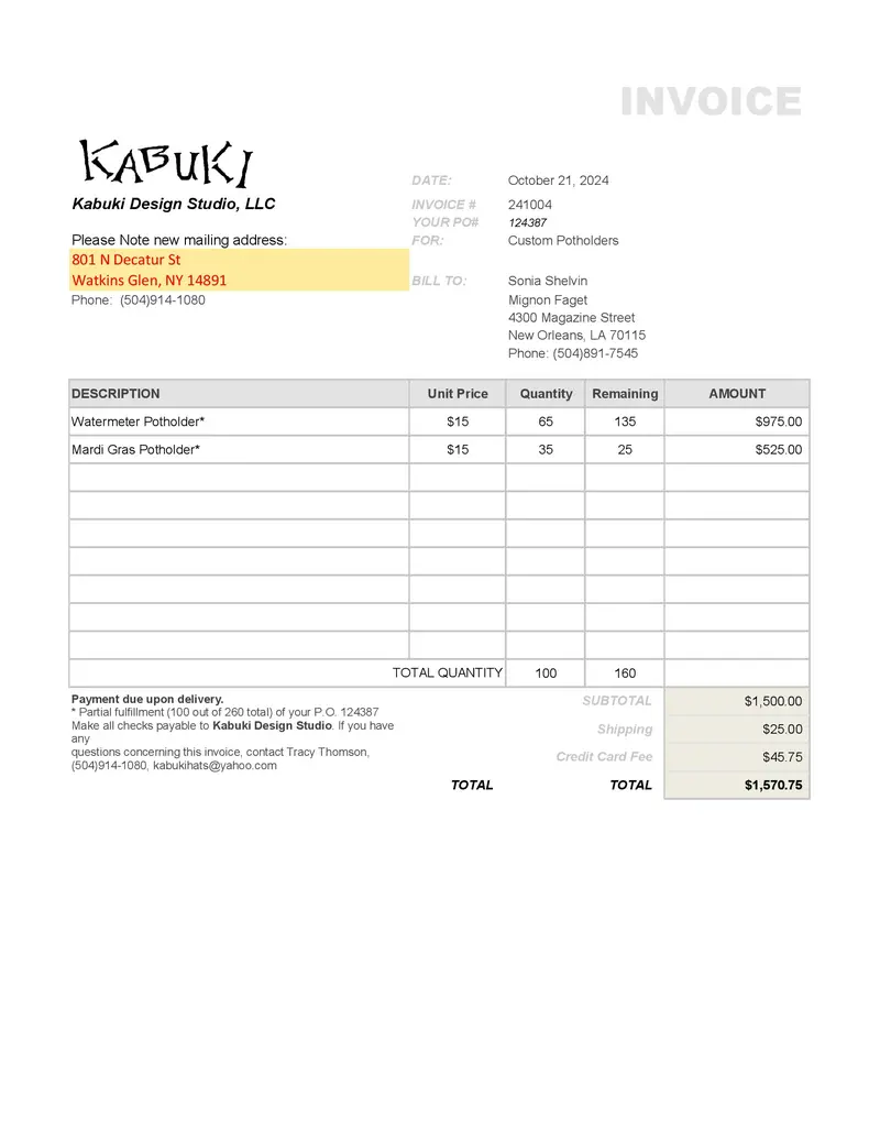 Wholesale Order #124387 — Sonia’S Bulk Purchase 1