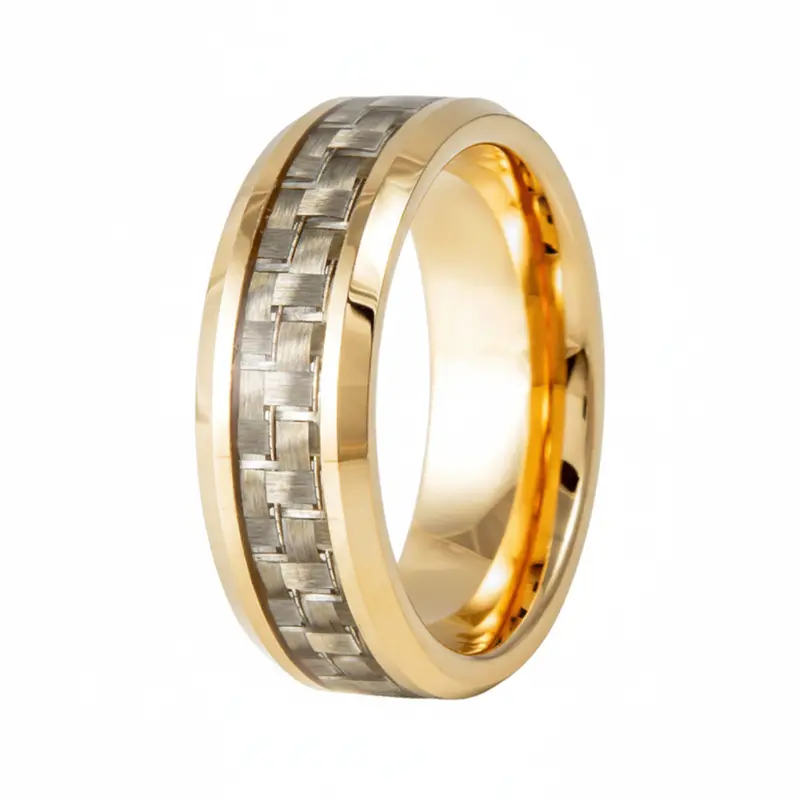 Yellow Gold Ion-Plated Tungsten Ring With Golden Carbon Fiber Inlay – 8Mm 1